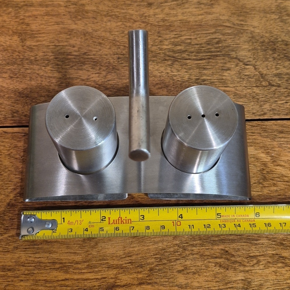 VINTAGE Stainless Steel Salt And Pepper Shaker Set With Caddy - Picture 8 of 14